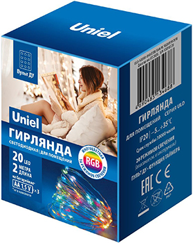 led гирлянда Uniel ULD-S0200-020/DTB/3AA/RC RGB IP20 Dew - упаковка