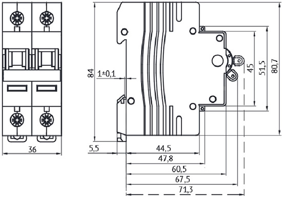 2-полюсный выключатель нагрузки BM63PL OptiDin КЭАЗ - размеры