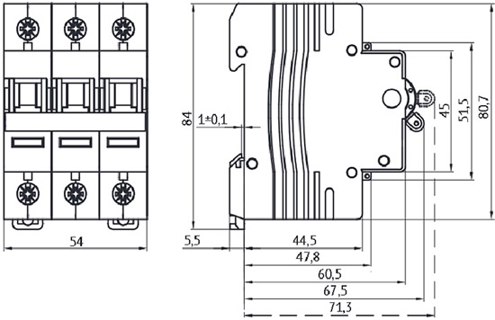 3-полюсный выключатель нагрузки BM63PL OptiDin КЭАЗ - размеры