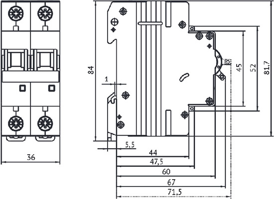 2-полюсный автоматический выключатель BM63 OptiDin КЭАЗ - размеры