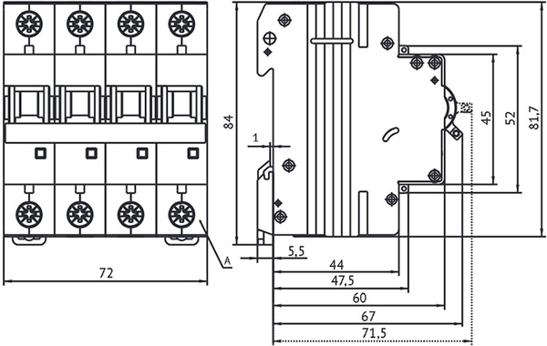4-полюсный автоматический выключатель BM63 OptiDin КЭАЗ - размеры
