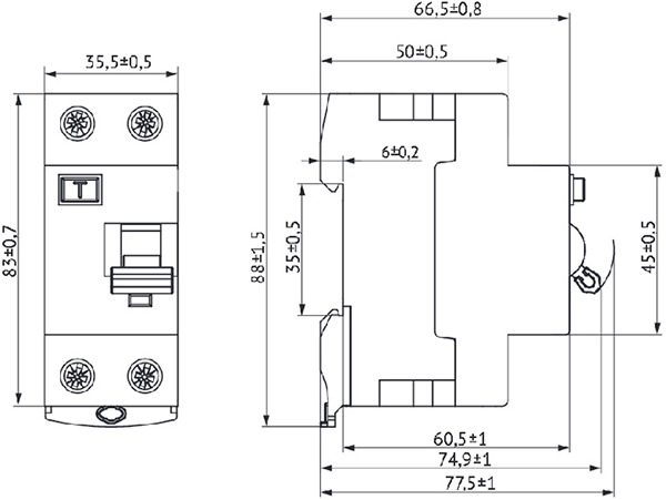 выключатель дифференциального тока (УЗО) DM63 2-полюсный - размеры