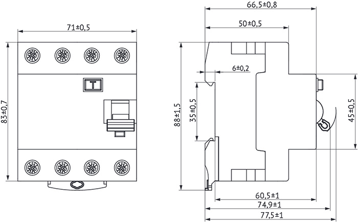 выключатель дифференциального тока (УЗО) DM63 4-полюсный - размеры
