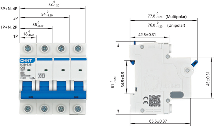 автоматический выключатель CHINT серии NXB-63S - размеры