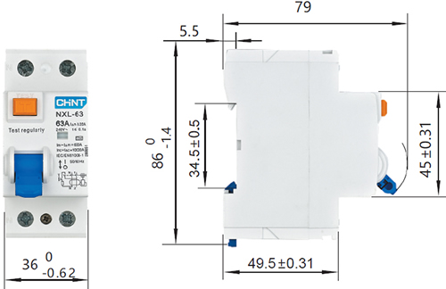 выключатель дифференциального тока CHINT серии NXL-63 1P+N - размеры