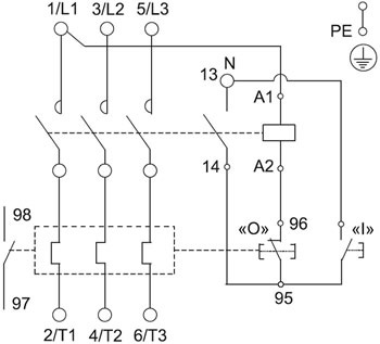 пускатель КМИ IP54 IEK в оболочке с катушкой 230 В АС - схема электрическая