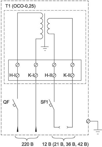 ящик с понижающим трансформатором ЯТП-0,25-220 У3 - схема электрическая принципиальная