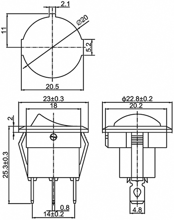 выключатель клавишный ON-OFF Rexant RWB-214 - размеры