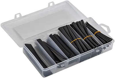 набор черных термоусадочных трубок ТТУ нг-LS IEK 100 шт. по 0,1 м в пластиковом боксе