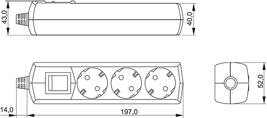 удлинитель 3-местный Generica, с з/к и выключателем, - размеры