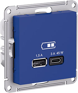 розетка USB тип А (1,5А) + тип C (3А, 45Вт) Systeme Electric AtlasDesign, аквамарин - внешний вид