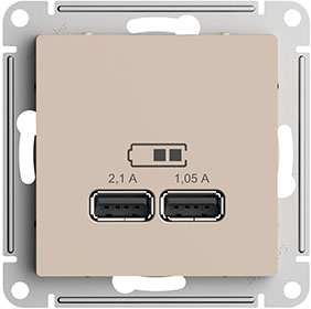 розетка 2 х USB 2.0 Systeme Electric AtlasDesign (5В/2,1А, 2х5В/1,05А), песочный - внешний вид