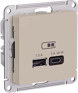 розетка USB тип А (1,5А) + тип C (3А, 45Вт) Systeme Electric AtlasDesign, песочный - внешний вид