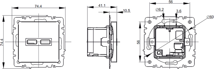 розетка двойная USB A+A IEK Brite - размеры