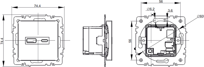 розетка двойная USB A+C IEK Brite - размеры